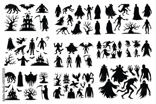 Black silhouettes of Halloween creatures and symbols on white background
