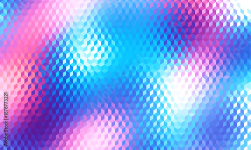 Glass ripple texture with blue gradient background and vivid pink, blue, and white light glowing. Small cubes texture, moody abstract