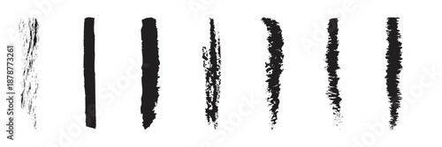 Grunge Paint Brush Strokes Set. Collection of rough black paint brush strokes on white background, ideal for grunge design, artistic textures, ink effects, and creative overlays.
