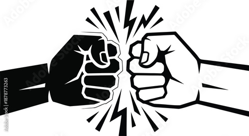 A striking illustration depicts two hands colliding in a powerful fist bump