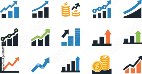 Business Growth and Financial Chart Icons Set with Profit Bars, Upward Arrows, Analytics Graphs, and Revenue Symbols Vector Illustration
