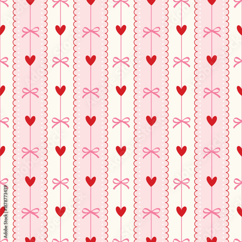 Coquette seamless pattern with red hand drawn hearts and pink bows on pink and white stripes with lace background, whimsical and feminine designs for fabric prints, wallpaper and wrapping paper.