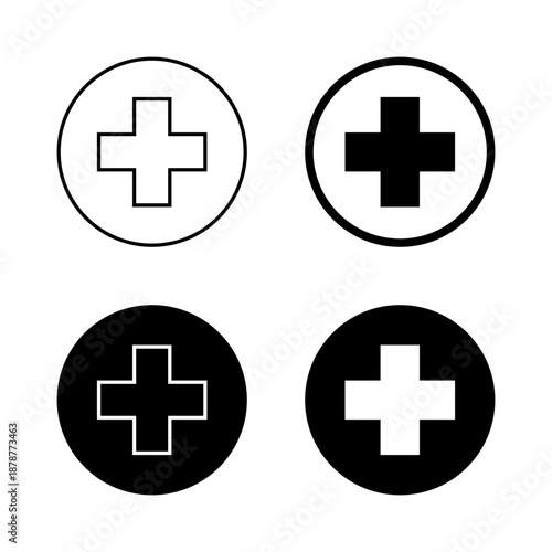 Medical cross mark icon in black circle. Healthcare plus symbol