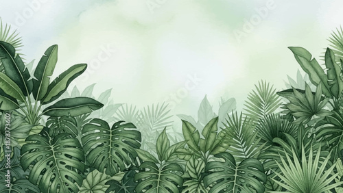 Lush watercolor jungle foliage with large tropical leaves and a soft bokeh background, perfect for nature and travel themes