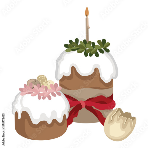 Hand-drawn Easter cakes composition with cracked eggshell, bow and candle and Ester eggs, Easter greeting card design