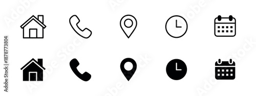 Interface Icon Set Vector Featuring Phone Receiver, Home, Location Pin, Clock, and Calendar for Contact, Navigation, and Scheduling