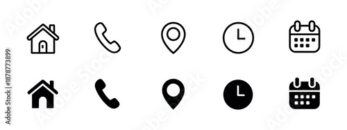 Essential Interface Icon Set featuring phone, home, location pin, clock, and calendar elements