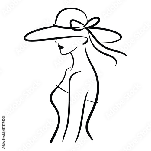 Outline vector illustration of woman with broad brim hat on transparent background for fashion trends of elegance and feminine beauty concept