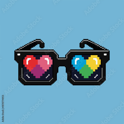 Pixel art sunglasses with heart shapes against a blue background