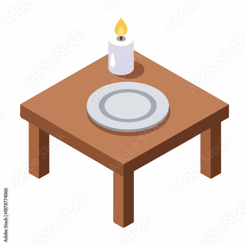 Table with Candle and Plate for Romantic Dinner Setting