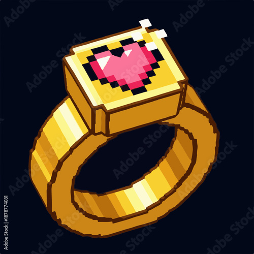 Pixelated gold ring with heart symbol on dark background