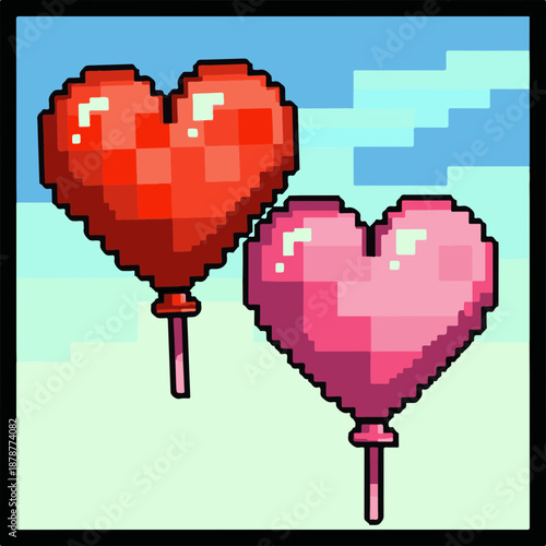 Pixel Art Heart Lollipops in Bright Colors Against Blue Background