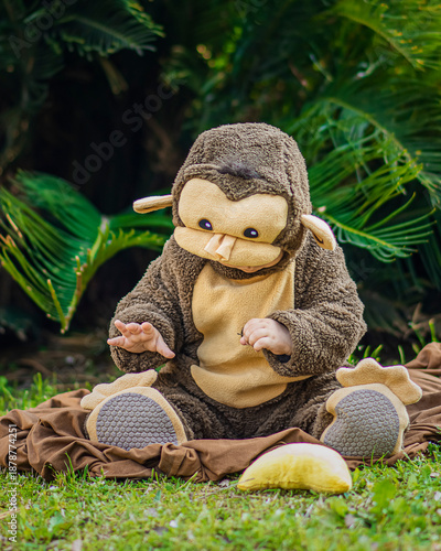 a cute little boy dressed as a monkey for Carnival