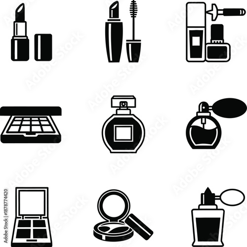 Various black and white makeup and cosmetic product illustrations including lipstick and mascara for beauty salon branding and fashion vanity or skincare and makeup artist supply graphics