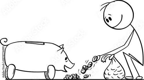 Thrifty person feeding piggy bank with money or coins, savings and investment, vector cartoon stick figure or character illustration.
