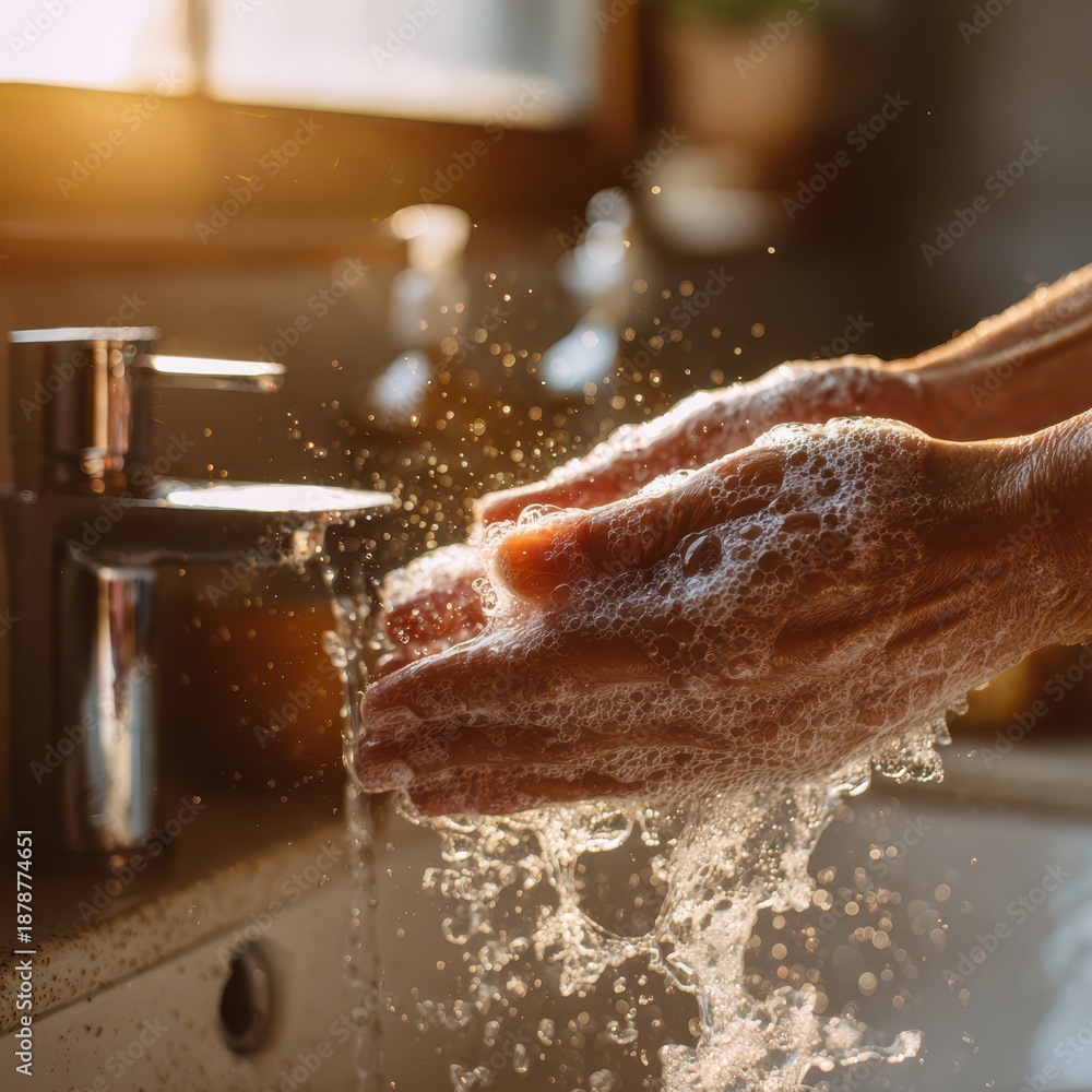 Fototapeta premium Everyday hand hygiene: foamy lather under warm light above a bathroom sink