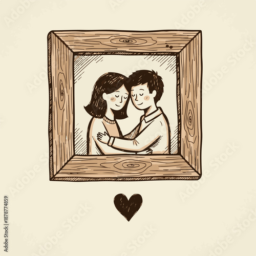 Loving couple embracing in a wooden frame with heart illustration