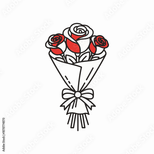 Bouquet of romantic red roses tied with a ribbon on white background