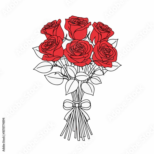 Red roses bouquet with leaves tied with a ribbon