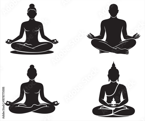 Yoga and Meditation Silhouette Icon Set in Seated Lotus Pose for Mindfulness and Wellness