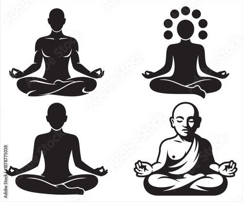 Meditation and Buddha Style Silhouette Icon Set with Chakra and Lotus Pose for Mindfulness Wellness