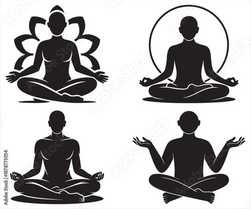 Meditation and Yoga Silhouette Icon Set with Lotus Pose for Mindfulness and Spiritual Wellness