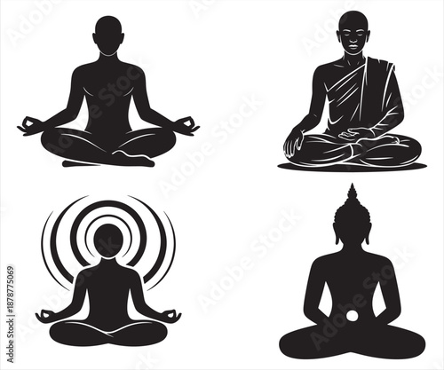 Meditation and Buddha Silhouette Icon Set for Yoga, Mindfulness and Spiritual Wellness Concept