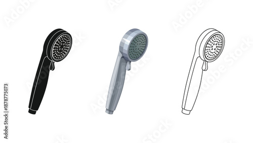 Showerhead bathroom fixture icon set in black, color, and outline