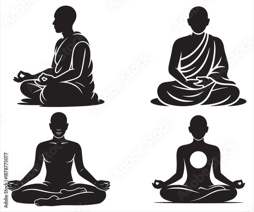 Buddha Meditation Silhouette Set in Sitting Pose for Yoga, Mindfulness and Spiritual Concept