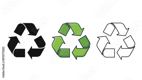 Recycling symbol icon set in black, green, and outline