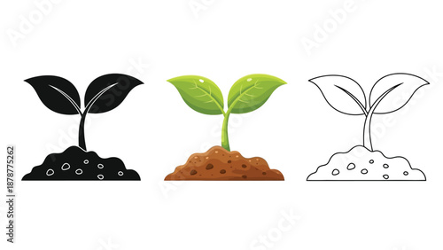 Seedling growth icon set in black, green, and outline