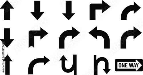 Black Directional Arrow Icons Set with Straight, Curved, Turn, U Turn, and One Way Navigation Symbols Vector Illustration