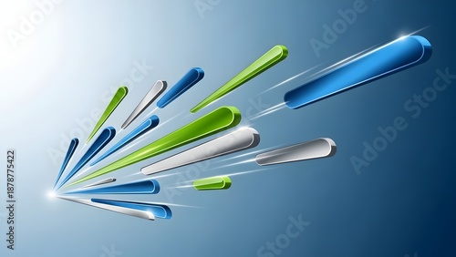 Abstract illustration of speed and motion with blue, green, and silver glossy streaks converging towards light