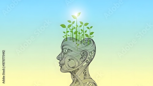 Stylized human head profile with intricate patterns and gears, with green plants growing from the top