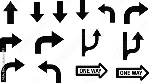 Black Directional Arrow Icons Set with Turn, One Way, Up, Down, Left, and Right Navigation Symbols Vector Illustration