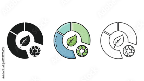 Ecology pie chart icon set with leaf and recycle in black, green, and outline