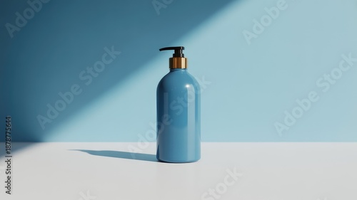 Modern blue pump bottle on white table with blue background
