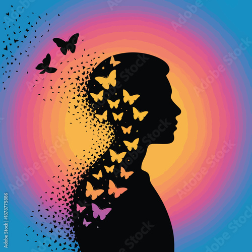 Butterfly transformation vector with dissolving silhouette, vibrant concentric background, and symbolic release of emotion.