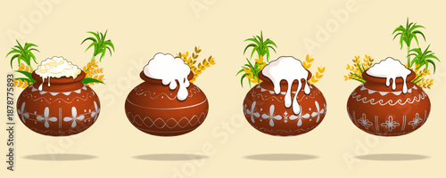 Four Decorated Pongal Clay Pots with Overflowing Rice, Traditional Festival Illustration