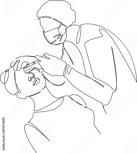 One continuous single drawing line art flat doodle doctor, injection, woman, procedure, cosmetology, beauty, aesthetic, botox. Isolated image hand draw contour on a white background; hand drawn; not A