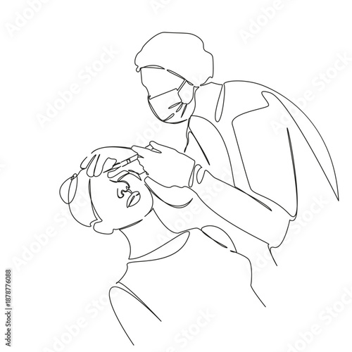 One continuous single drawing line art flat doodle doctor, injection, woman, procedure, cosmetology, beauty, aesthetic, botox. Isolated image hand draw contour on a white background; hand drawn; not A