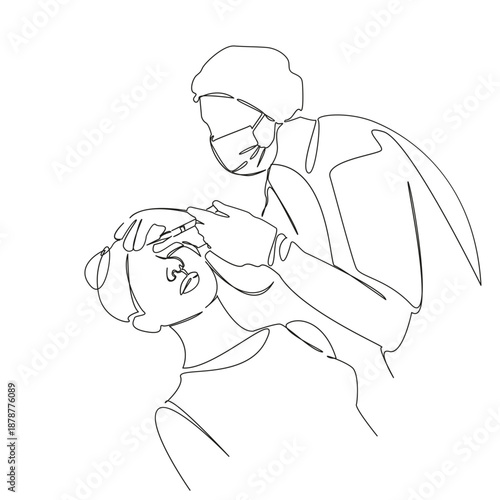 One continuous single drawing line art flat doodle doctor, injection, woman, procedure, cosmetology, beauty, aesthetic, botox. Isolated image hand draw contour on a white background; hand drawn; not A