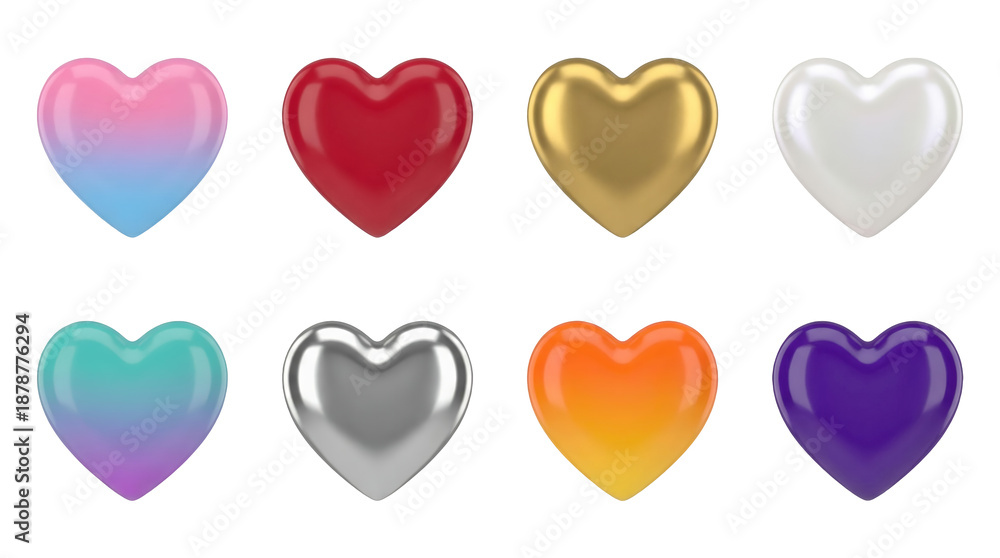 Obraz premium Glossary heart set including red, gold, silver, purple, and gradient metallic finishes isolated. Romantic and decorative collection for holiday celebrations.