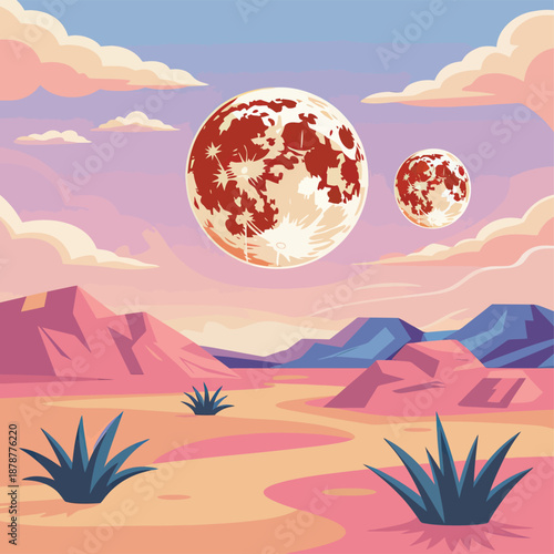 Alien desert vector with twin red moons, pastel cliffs, winding path, and surreal terrain under dreamy extraterrestrial skies.