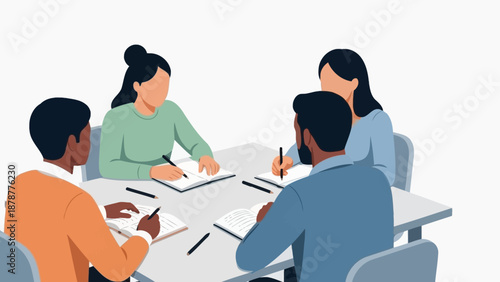 Group discussion taking place around a table with people seated and engaged in collaborative activity