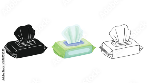 Wet wipes packaging icon set in black, color, and outline