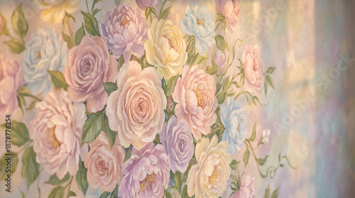 Soft pastel flower, vintage floral wallpaper, peony rose bouquet, romantic wall art, shabby chic decor, elegant bloom pattern, spring garden mural