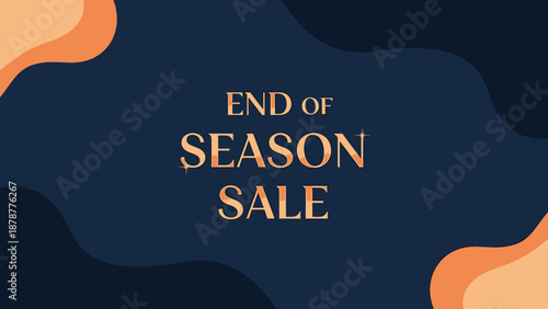 End of season sale advertisement with orange and navy blue abstract shapes