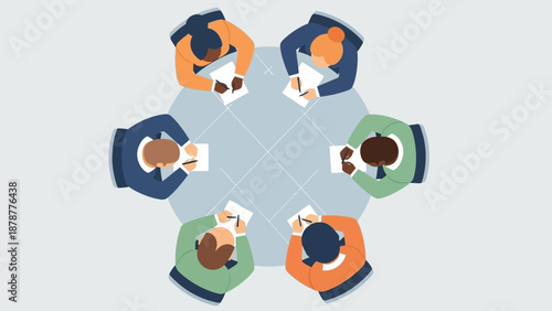 Diverse group of people collaborating around a central hub in a modern digital workspace viewed from above