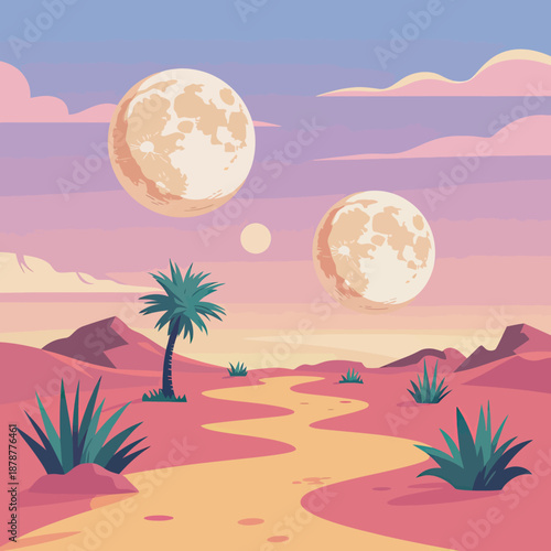 Surreal desert vector with twin moons, pastel sky, agave plants, and winding path on an alien-inspired landscape.